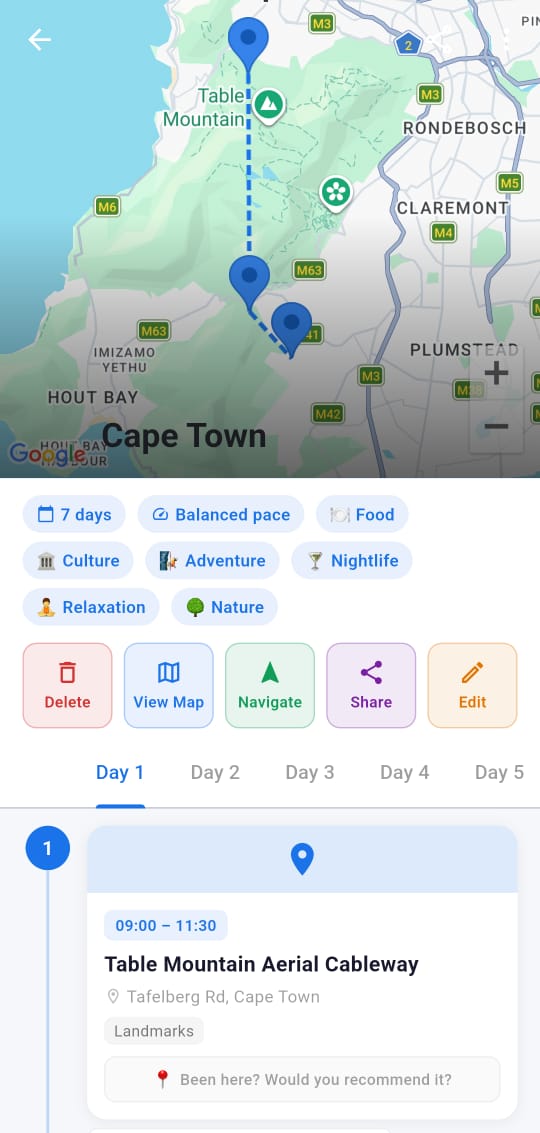 Trip Planner screen